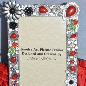 VINTAGE JEWELRY RED RHINESTONE PICTURE FRAME 4X6 PHOTO, HANDMADE ONE OF A KIND
